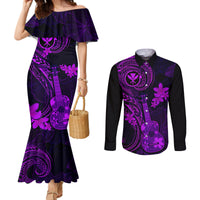 hawaii-couples-matching-mermaid-dress-and-long-sleeve-button-shirts-ukulele-mix-polynesian-plumeria-purple-version