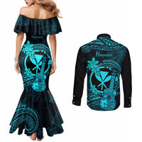 Hawaii Couples Matching Mermaid Dress and Long Sleeve Button Shirts Ukulele Mix Polynesian Plumeria Turquoise Version LT14 - Polynesian Pride