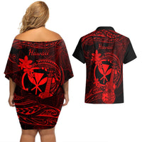 Hawaii Couples Matching Off Shoulder Short Dress and Hawaiian Shirt Ukulele Mix Polynesian Plumeria Red Version LT14 - Polynesian Pride