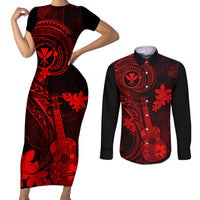 hawaii-couples-matching-short-sleeve-bodycon-dress-and-long-sleeve-button-shirts-ukulele-mix-polynesian-plumeria-red-version