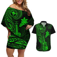 Hawaii Couples Matching Off Shoulder Short Dress and Hawaiian Shirt Ukulele Mix Polynesian Plumeria Green Version LT14 Green - Polynesian Pride