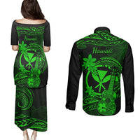 Hawaii Couples Matching Puletasi Dress and Long Sleeve Button Shirts Ukulele Mix Polynesian Plumeria Green Version LT14 - Polynesian Pride