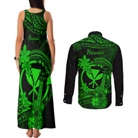 hawaii-couples-matching-tank-maxi-dress-and-long-sleeve-button-shirts-ukulele-mix-polynesian-plumeria-green-version