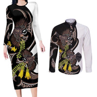 New Zealand Valentines Day Couples Matching Long Sleeve Bodycon Dress and Long Sleeve Button Shirt Piwakawaka Lovers Maori Koru Tattoo - Polynesian Pride