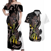 New Zealand Valentines Day Couples Matching Off Shoulder Maxi Dress and Hawaiian Shirt Piwakawaka Lovers Maori Koru Tattoo - Polynesian Pride