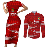 Tonga Rugby Couples Matching Short Sleeve Bodycon Dress and Long Sleeve Button Shirts 2023 Ikale Tahi Tongan Ngatu Pattern LT14 Red - Polynesian Pride
