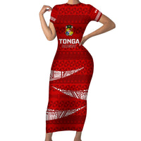 Tonga Rugby Short Sleeve Bodycon Dress 2023 Ikale Tahi Tongan Ngatu Pattern LT14 Long Dress Red - Polynesian Pride