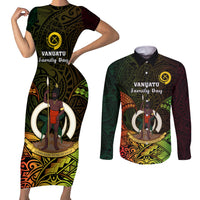 Personalised Vanuatu Family Day Couples Matching Short Sleeve Bodycon Dress and Long Sleeve Button Shirt Happy 26 December Vanuatuan Pig Tusk LT14 Black - Polynesian Pride