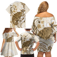 Brown And White Hawaii Chameleon Family Matching Off Shoulder Short Dress and Hawaiian Shirt Plumeria Polynesian Tribal Art