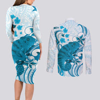 Cyan And White Hawaii Chameleon Couples Matching Long Sleeve Bodycon Dress and Long Sleeve Button Shirt Plumeria Polynesian Tribal Art