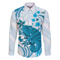 Cyan And White Hawaii Chameleon Family Matching Long Sleeve Bodycon Dress and Hawaiian Shirt Plumeria Polynesian Tribal Art