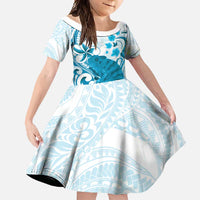 Cyan And White Hawaii Chameleon Family Matching Mermaid Dress and Hawaiian Shirt Plumeria Polynesian Tribal Art
