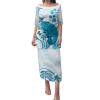 Cyan And White Hawaii Chameleon Family Matching Puletasi and Hawaiian Shirt Plumeria Polynesian Tribal Art