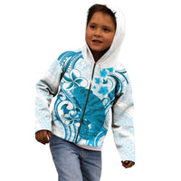 Cyan And White Hawaii Chameleon Kid Hoodie Plumeria Polynesian Tribal Art