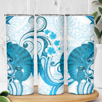 Cyan And White Hawaii Chameleon Skinny Tumbler Plumeria Polynesian Tribal Art