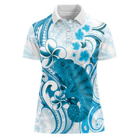Cyan And White Hawaii Chameleon Women Polo Shirt Plumeria Polynesian Tribal Art LT14 Female Cyan - Polynesian Pride