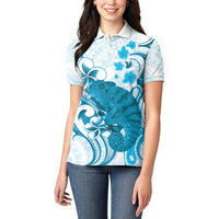 Cyan And White Hawaii Chameleon Women Polo Shirt Plumeria Polynesian Tribal Art LT14 - Polynesian Pride