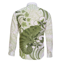 Green And White Hawaii Chameleon Family Matching Long Sleeve Bodycon Dress and Hawaiian Shirt Plumeria Polynesian Tribal Art