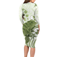 Green And White Hawaii Chameleon Family Matching Long Sleeve Bodycon Dress and Hawaiian Shirt Plumeria Polynesian Tribal Art