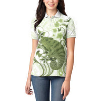 Green And White Hawaii Chameleon Women Polo Shirt Plumeria Polynesian Tribal Art LT14 - Polynesian Pride