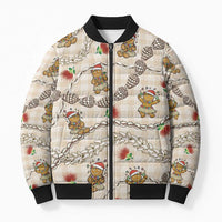 Beige Palaka Hawaii Mele Kalikimaka Bomber Puffer Jacket Ohia Lehua Shell Leis Funny Gingerbread Santa - Polynesian Pride