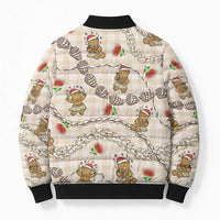 Beige Palaka Hawaii Mele Kalikimaka Bomber Puffer Jacket Ohia Lehua Shell Leis Funny Gingerbread Santa - Polynesian Pride