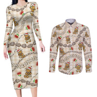 Beige Palaka Hawaii Mele Kalikimaka Couples Matching Long Sleeve Bodycon Dress and Long Sleeve Button Shirt Ohia Lehua Shell Leis Funny Gingerbread Santa - Polynesian Pride