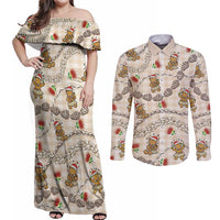 Beige Palaka Hawaii Mele Kalikimaka Couples Matching Off Shoulder Maxi Dress and Long Sleeve Button Shirt Ohia Lehua Shell Leis Funny Gingerbread Santa - Polynesian Pride