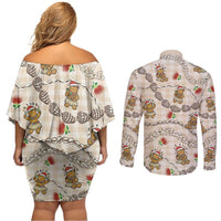 Beige Palaka Hawaii Mele Kalikimaka Couples Matching Off Shoulder Short Dress and Long Sleeve Button Shirt Ohia Lehua Shell Leis Funny Gingerbread Santa - Polynesian Pride