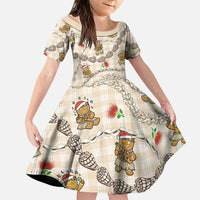 Beige Palaka Hawaii Mele Kalikimaka Family Matching Off The Shoulder Long Sleeve Dress and Hawaiian Shirt Ohia Lehua Shell Leis Funny Gingerbread Santa LT14 Daughter's Dress Beige - Polynesian Pride