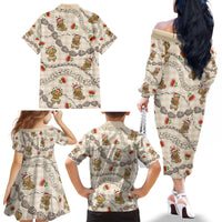 Beige Palaka Hawaii Mele Kalikimaka Family Matching Off The Shoulder Long Sleeve Dress and Hawaiian Shirt Ohia Lehua Shell Leis Funny Gingerbread Santa - Polynesian Pride