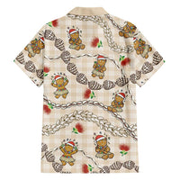 Beige Palaka Hawaii Mele Kalikimaka Family Matching Off The Shoulder Long Sleeve Dress and Hawaiian Shirt Ohia Lehua Shell Leis Funny Gingerbread Santa LT14 - Polynesian Pride