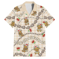 Beige Palaka Hawaii Mele Kalikimaka Family Matching Off Shoulder Short Dress and Hawaiian Shirt Ohia Lehua Shell Leis Funny Gingerbread Santa LT14 Dad's Shirt - Short Sleeve Beige - Polynesian Pride