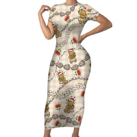 Beige Palaka Hawaii Mele Kalikimaka Family Matching Short Sleeve Bodycon Dress and Hawaiian Shirt Ohia Lehua Shell Leis Funny Gingerbread Santa - Polynesian Pride