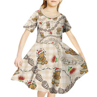 Beige Palaka Hawaii Mele Kalikimaka Kid Short Sleeve Dress Ohia Lehua Shell Leis Funny Gingerbread Santa - Polynesian Pride