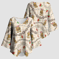 Beige Palaka Hawaii Mele Kalikimaka Kimono Sleeve Blouse Ohia Lehua Shell Leis Funny Gingerbread Santa - Polynesian Pride