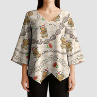 Beige Palaka Hawaii Mele Kalikimaka Kimono Sleeve Blouse Ohia Lehua Shell Leis Funny Gingerbread Santa - Polynesian Pride