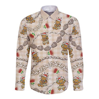 Beige Palaka Hawaii Mele Kalikimaka Long Sleeve Button Shirt Ohia Lehua Shell Leis Funny Gingerbread Santa - Polynesian Pride