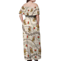 Beige Palaka Hawaii Mele Kalikimaka Off Shoulder Maxi Dress Ohia Lehua Shell Leis Funny Gingerbread Santa - Polynesian Pride