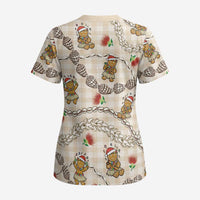 Beige Palaka Hawaii Mele Kalikimaka Scrub Top Ohia Lehua Shell Leis Funny Gingerbread Santa - Polynesian Pride