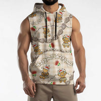 Beige Palaka Hawaii Mele Kalikimaka Sleeveless Hoodie Ohia Lehua Shell Leis Funny Gingerbread Santa - Polynesian Pride