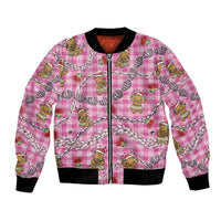 Pink Palaka Hawaii Mele Kalikimaka Bomber Jacket Ohia Lehua Shell Leis Funny Gingerbread Santa - Polynesian Pride