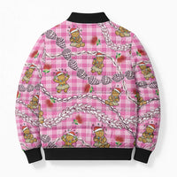 Pink Palaka Hawaii Mele Kalikimaka Bomber Puffer Jacket Ohia Lehua Shell Leis Funny Gingerbread Santa - Polynesian Pride