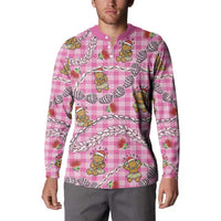 Pink Palaka Hawaii Mele Kalikimaka Button Sweatshirt Ohia Lehua Shell Leis Funny Gingerbread Santa LT14 - Polynesian Pride