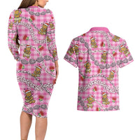 Pink Palaka Hawaii Mele Kalikimaka Couples Matching Long Sleeve Bodycon Dress and Hawaiian Shirt Ohia Lehua Shell Leis Funny Gingerbread Santa - Polynesian Pride