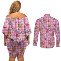 Pink Palaka Hawaii Mele Kalikimaka Couples Matching Off Shoulder Short Dress and Long Sleeve Button Shirt Ohia Lehua Shell Leis Funny Gingerbread Santa - Polynesian Pride