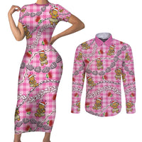 Pink Palaka Hawaii Mele Kalikimaka Couples Matching Short Sleeve Bodycon Dress and Long Sleeve Button Shirt Ohia Lehua Shell Leis Funny Gingerbread Santa - Polynesian Pride