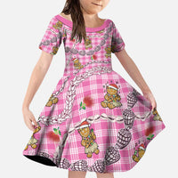 Pink Palaka Hawaii Mele Kalikimaka Family Matching Off Shoulder Short Dress and Hawaiian Shirt Ohia Lehua Shell Leis Funny Gingerbread Santa LT14 Daughter's Dress Pink - Polynesian Pride