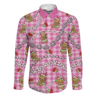 Pink Palaka Hawaii Mele Kalikimaka Family Matching Puletasi and Hawaiian Shirt Ohia Lehua Shell Leis Funny Gingerbread Santa LT14 Dad's Shirt - Long Sleeve Pink - Polynesian Pride