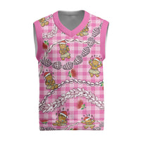 Pink Palaka Hawaii Mele Kalikimaka Christmas Knitted V-Neck Vest Ohia Lehua Shell Leis Funny Gingerbread Santa - Polynesian Pride